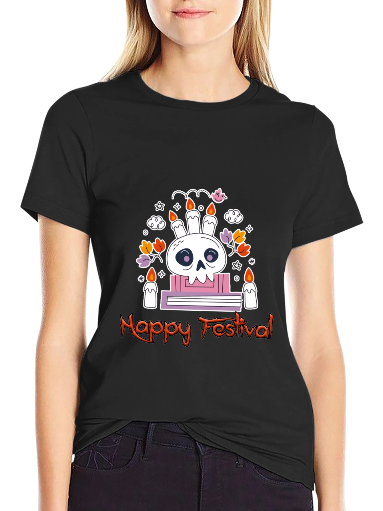 Happy Festival Skull Graphic Tee - Black Cotton