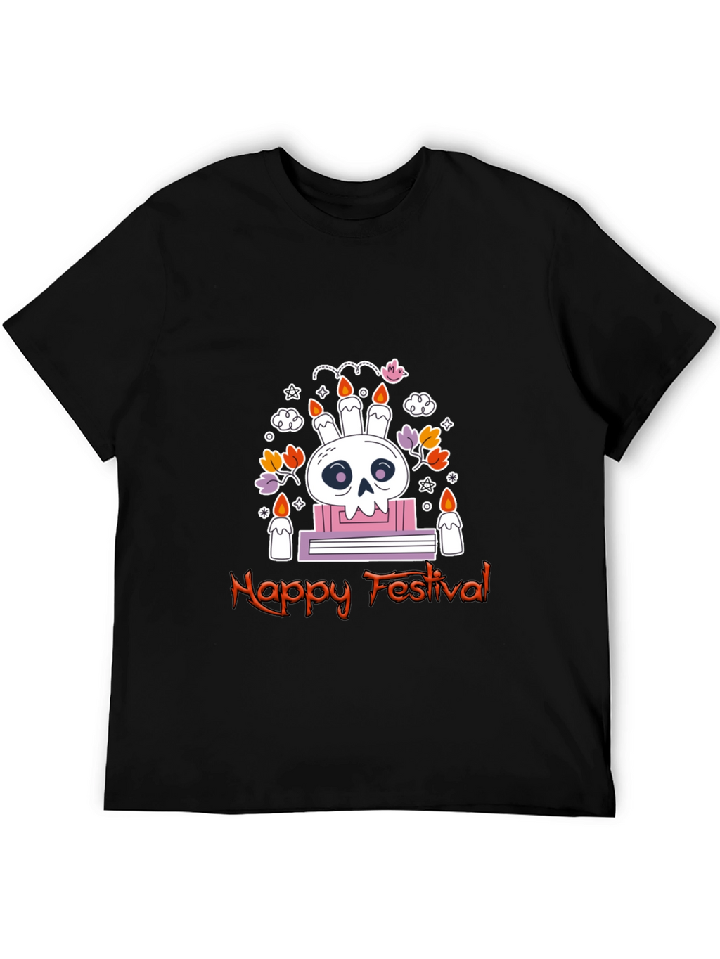 Happy Festival Skull Graphic Tee - Black Cotton