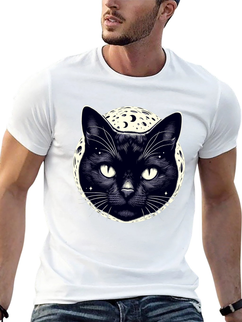 Mystic Cat Moon Graphic Tee - Black Cotton T-Shirt