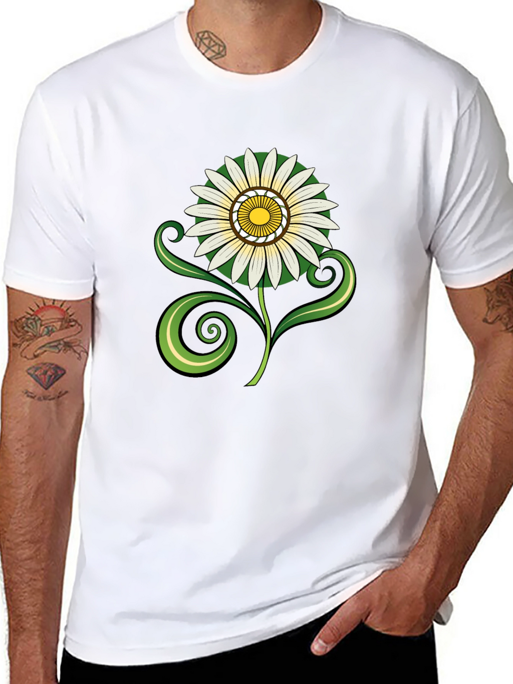 Black T-Shirt with White & Yellow Flower Graphic