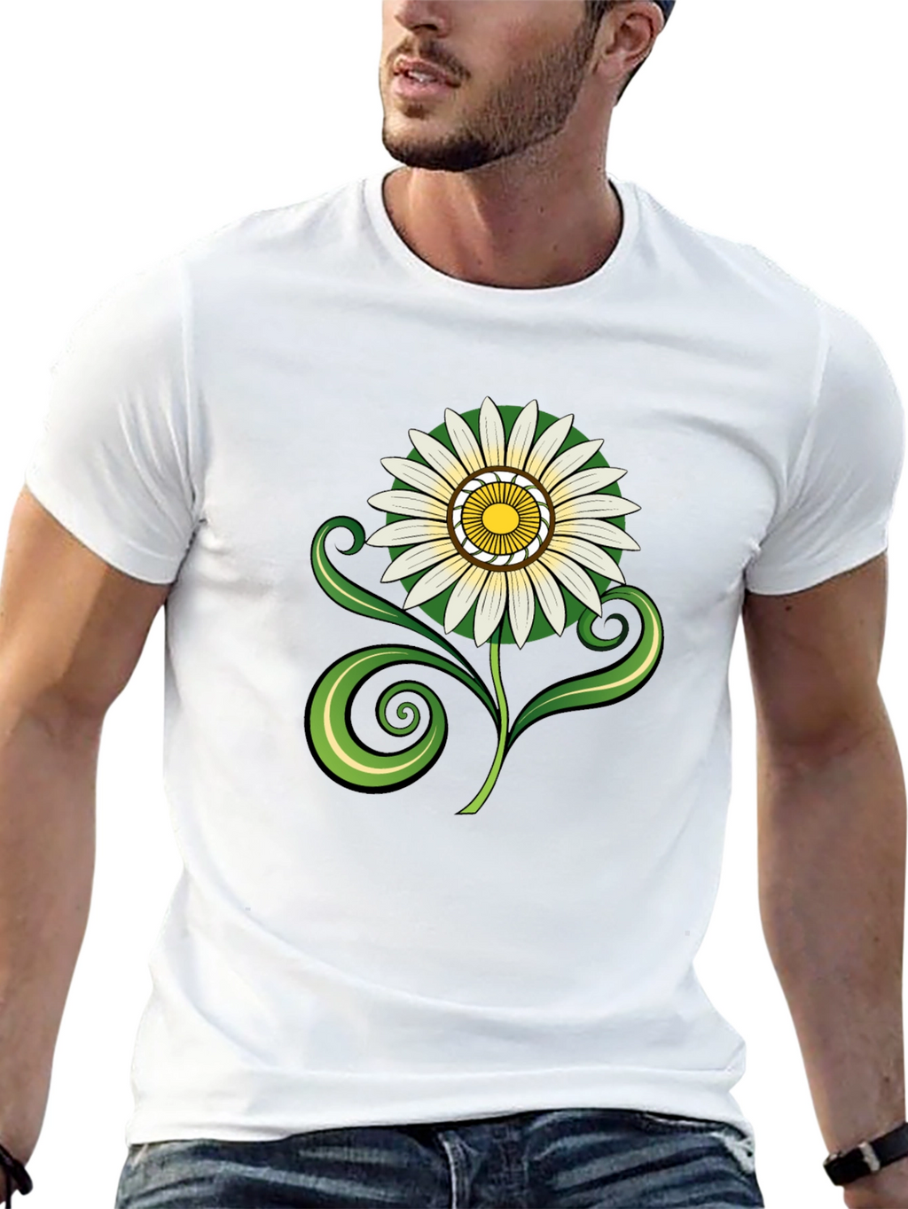 Black T-Shirt with White & Yellow Flower Graphic