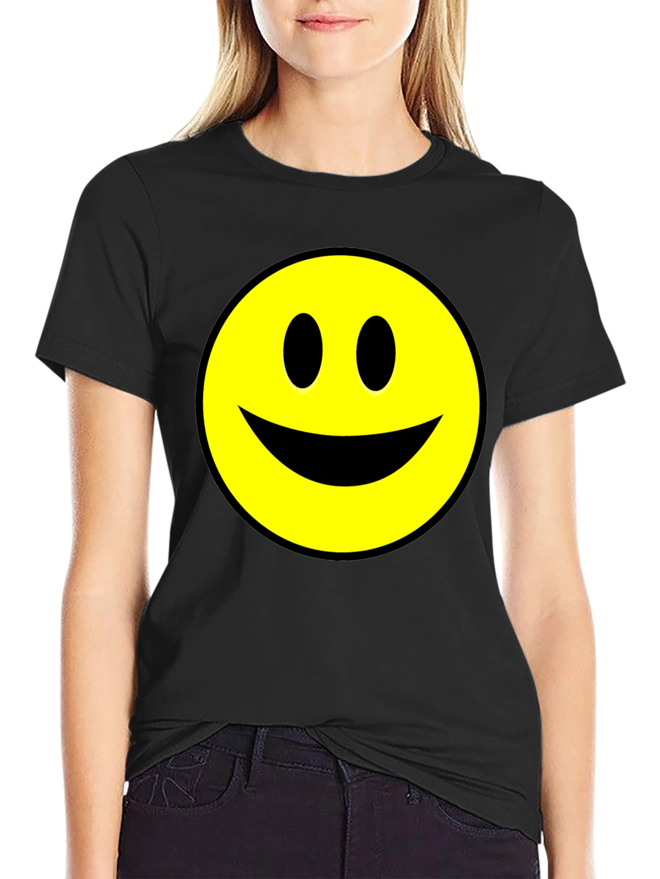 Smiley Face Graphic Tee - Black Cotton T-Shirt