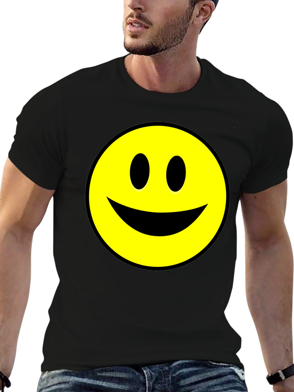 Smiley Face Graphic Tee - Black Cotton T-Shirt