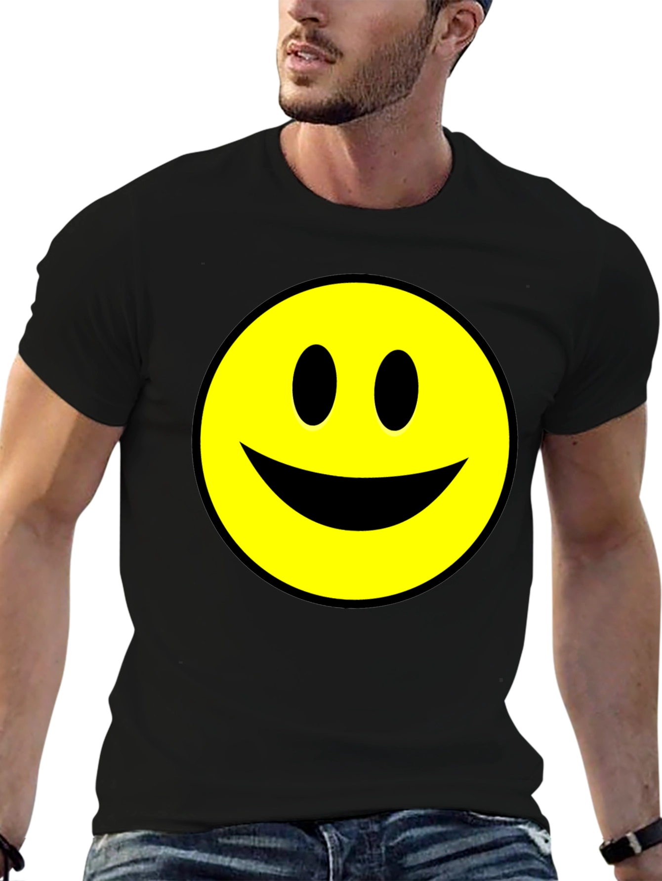 Smiley Face Graphic Tee - Black Cotton T-Shirt