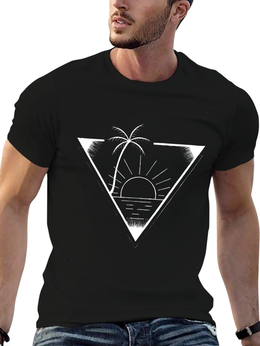 Tropical Sunset Graphic Tee - Black Cotton Shirt