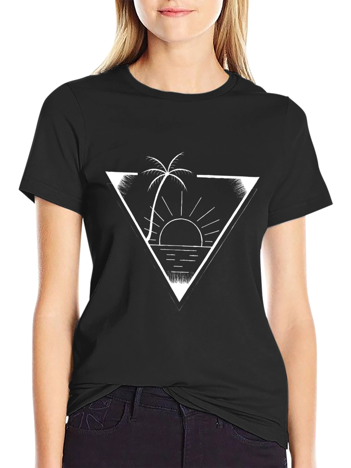 Tropical Sunset Graphic Tee - Black Cotton Shirt