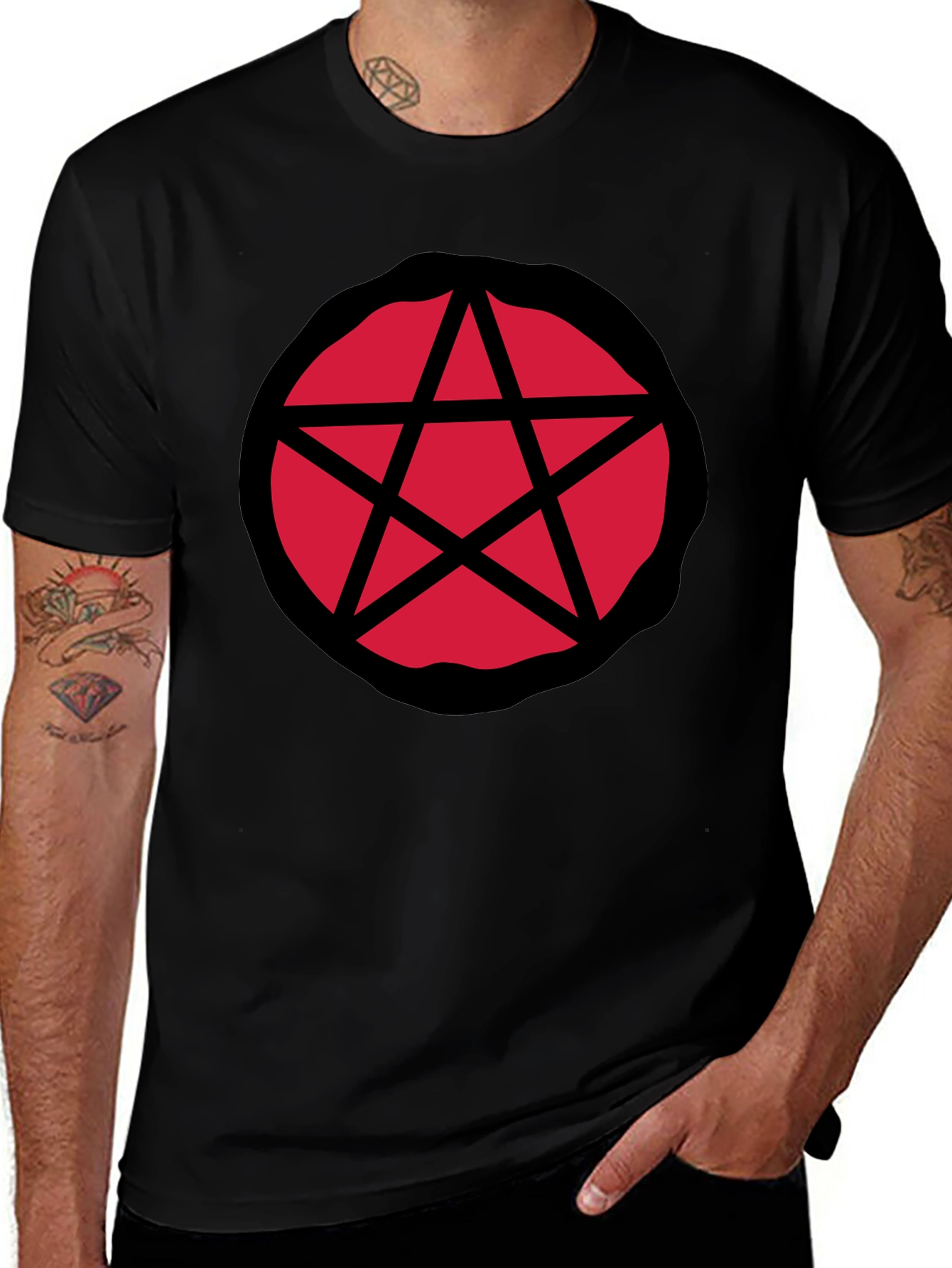 Red Pentagram Graphic Black T-Shirt