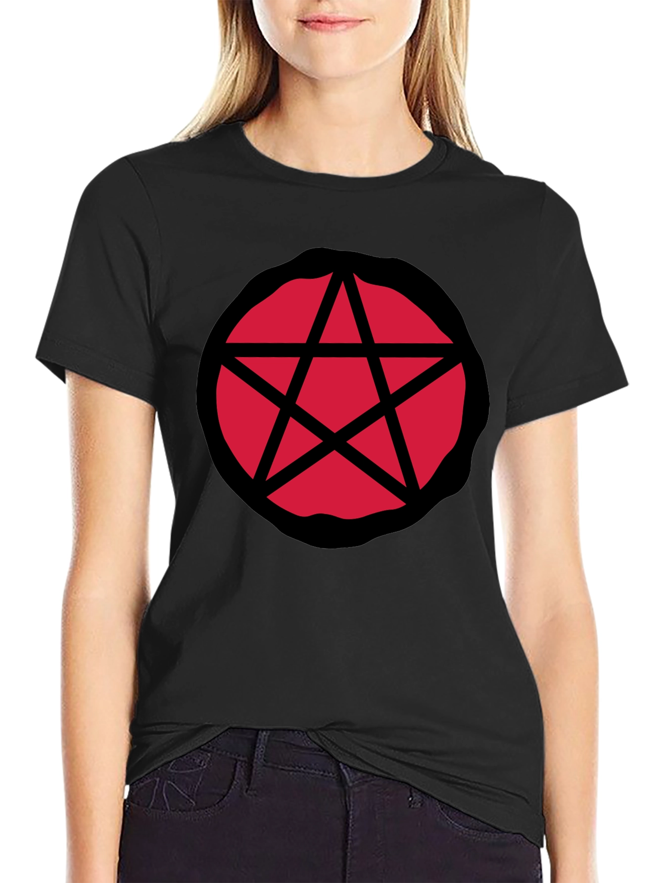 Red Pentagram Graphic Black T-Shirt