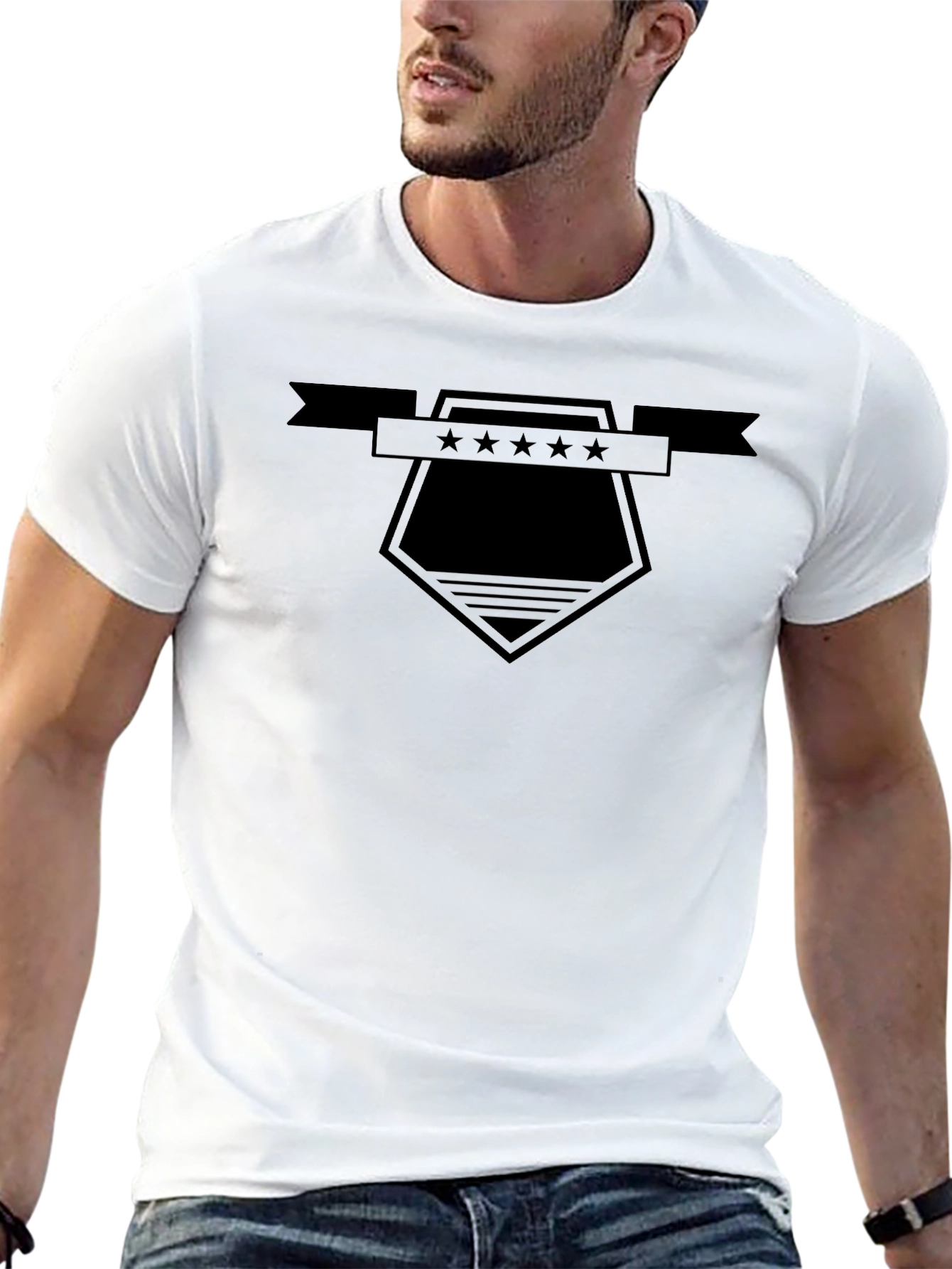 Mens Black Graphic Tee - Star Shield Design