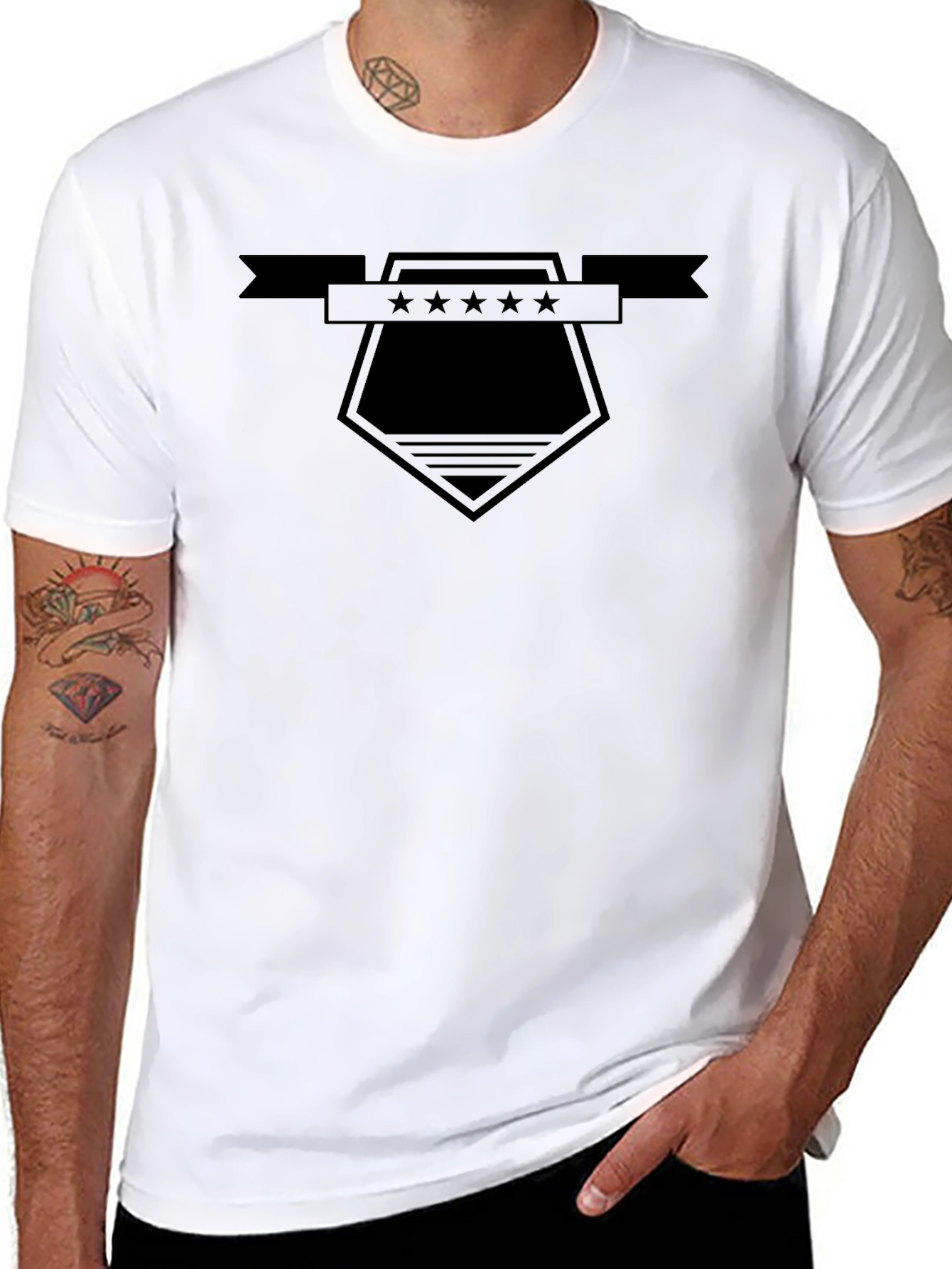 Mens Black Graphic Tee - Star Shield Design