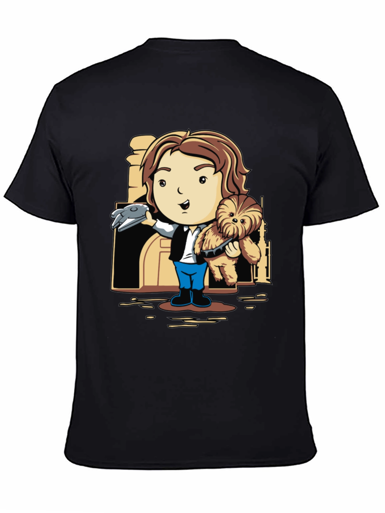 Han Solo & Chewbacca Cartoon Black T-Shirt