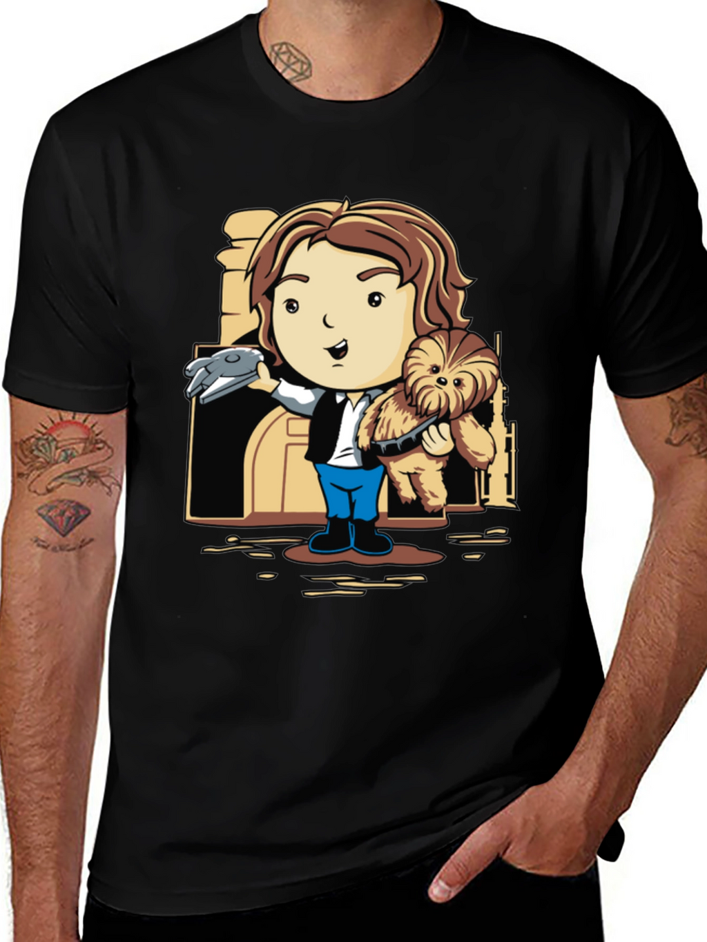 Han Solo & Chewbacca Cartoon Black T-Shirt