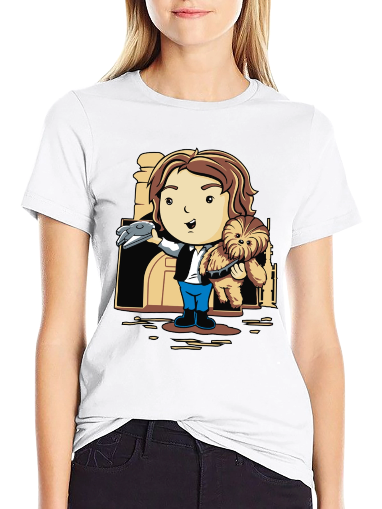 Han Solo & Chewbacca Cartoon Black T-Shirt
