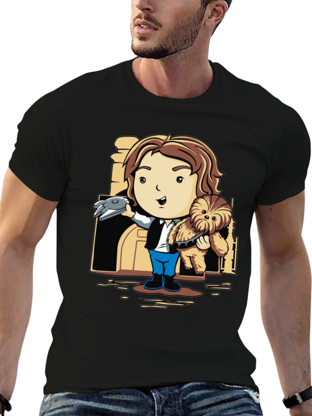 Han Solo & Chewbacca Cartoon Black T-Shirt