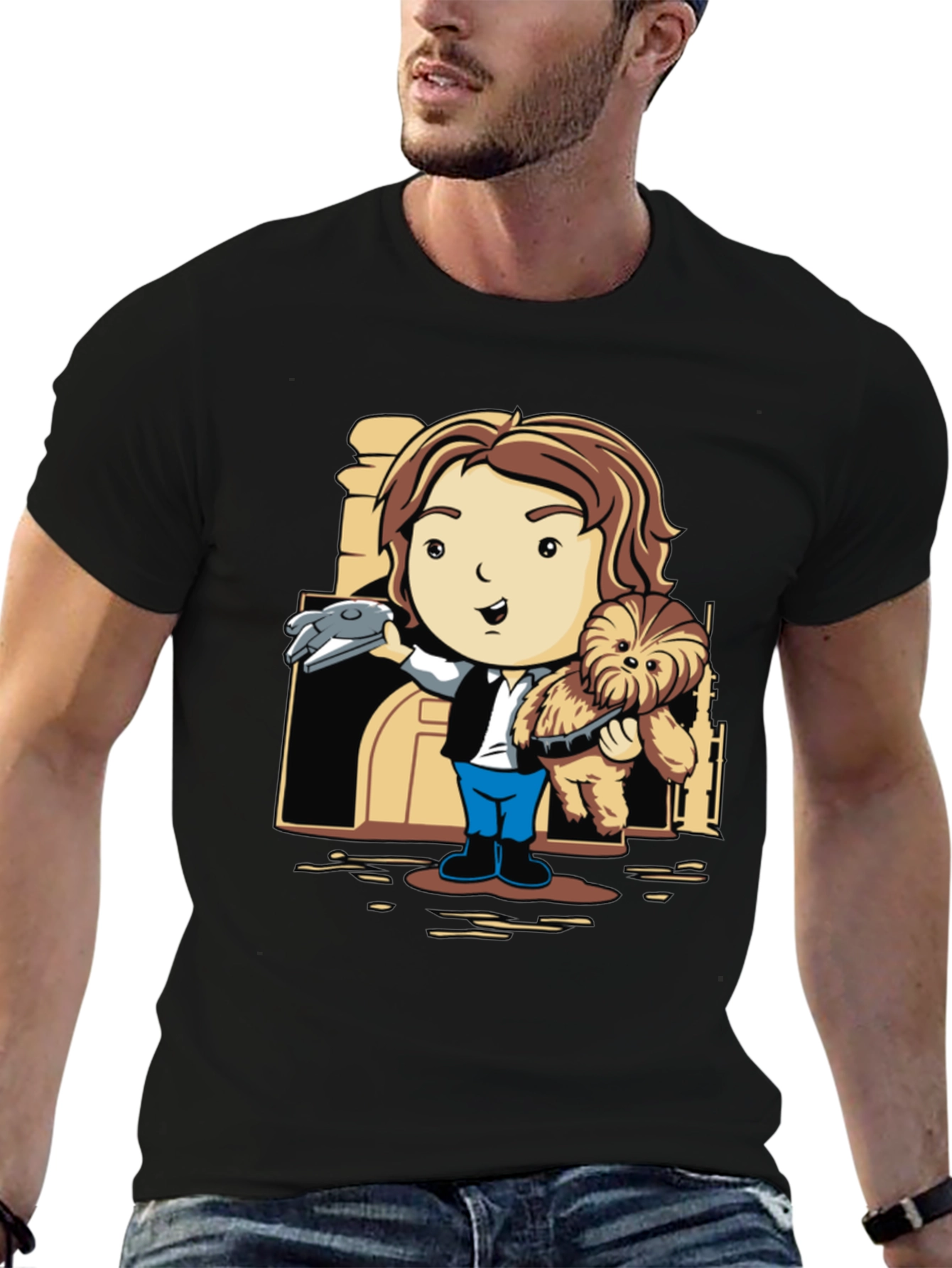 Han Solo & Chewbacca Cartoon Black T-Shirt