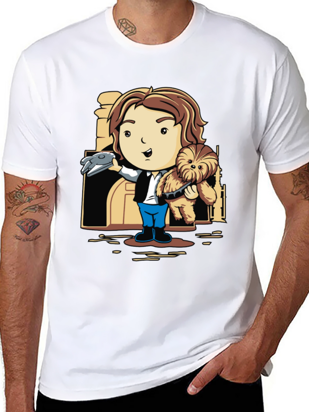 Han Solo & Chewbacca Cartoon Black T-Shirt