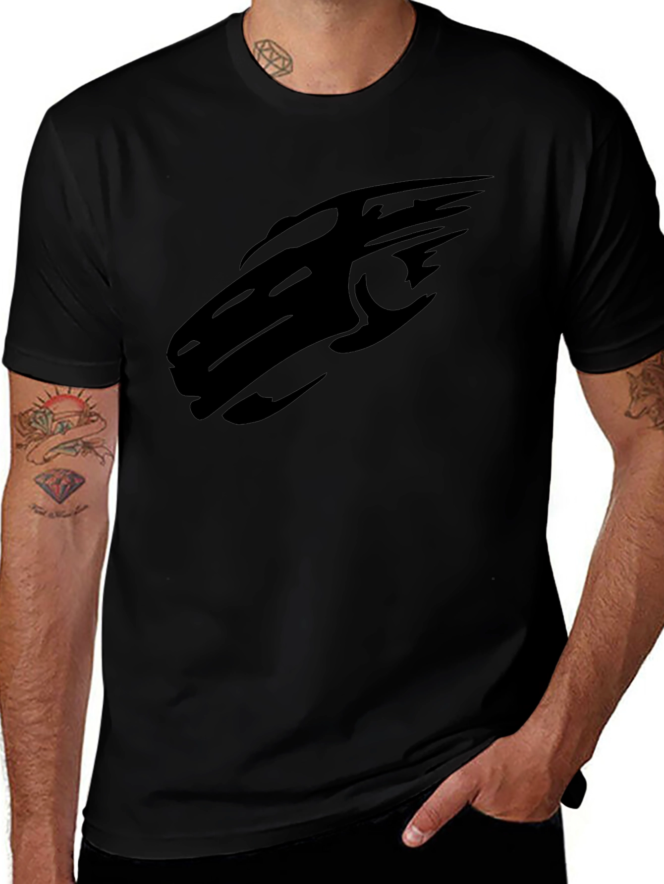 Sleek Black T-Shirt with Abstract Car Design