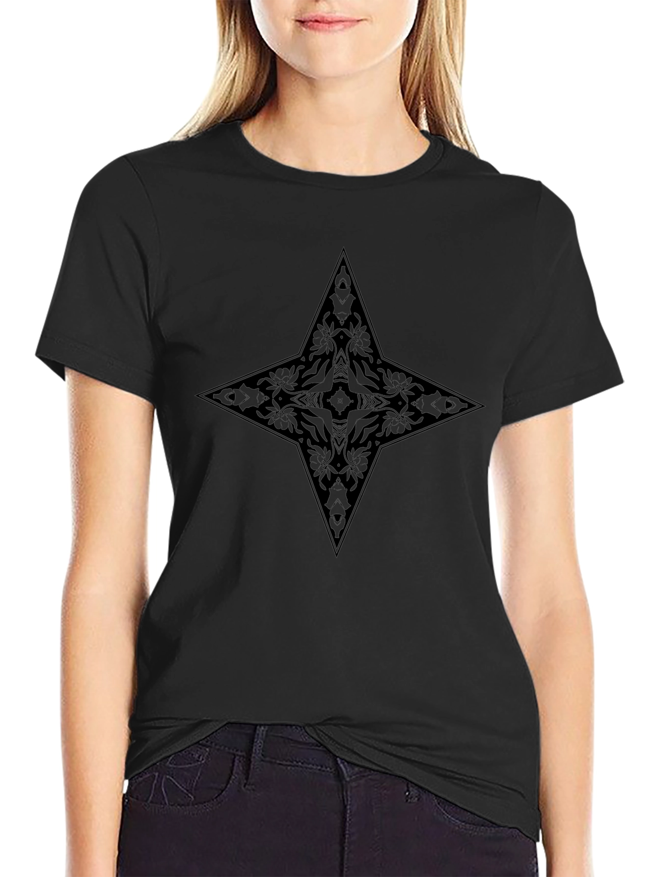 Black Floral Star Graphic Tee - Modern Style