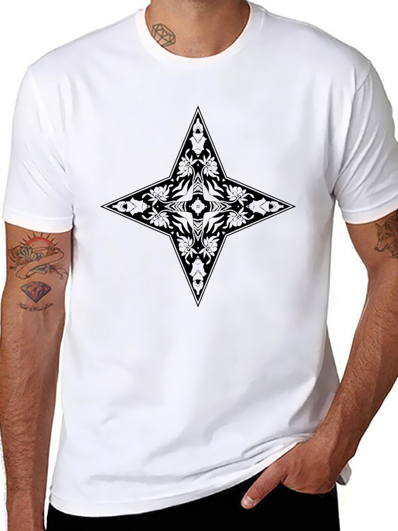 Black Floral Star Graphic Tee - Modern Style
