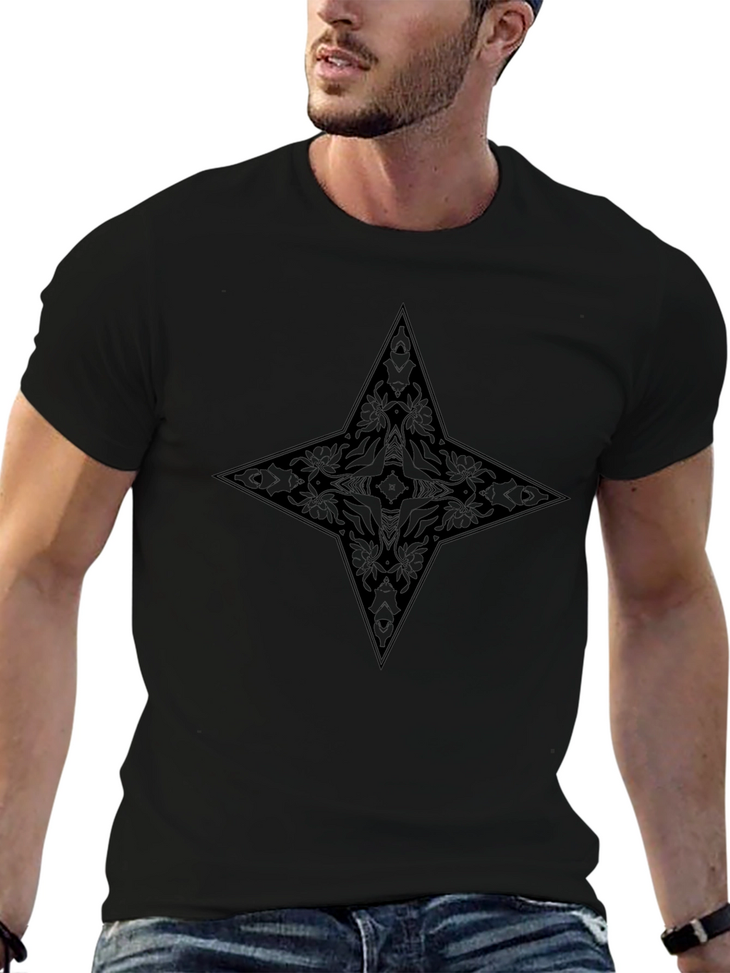 Black Floral Star Graphic Tee - Modern Style