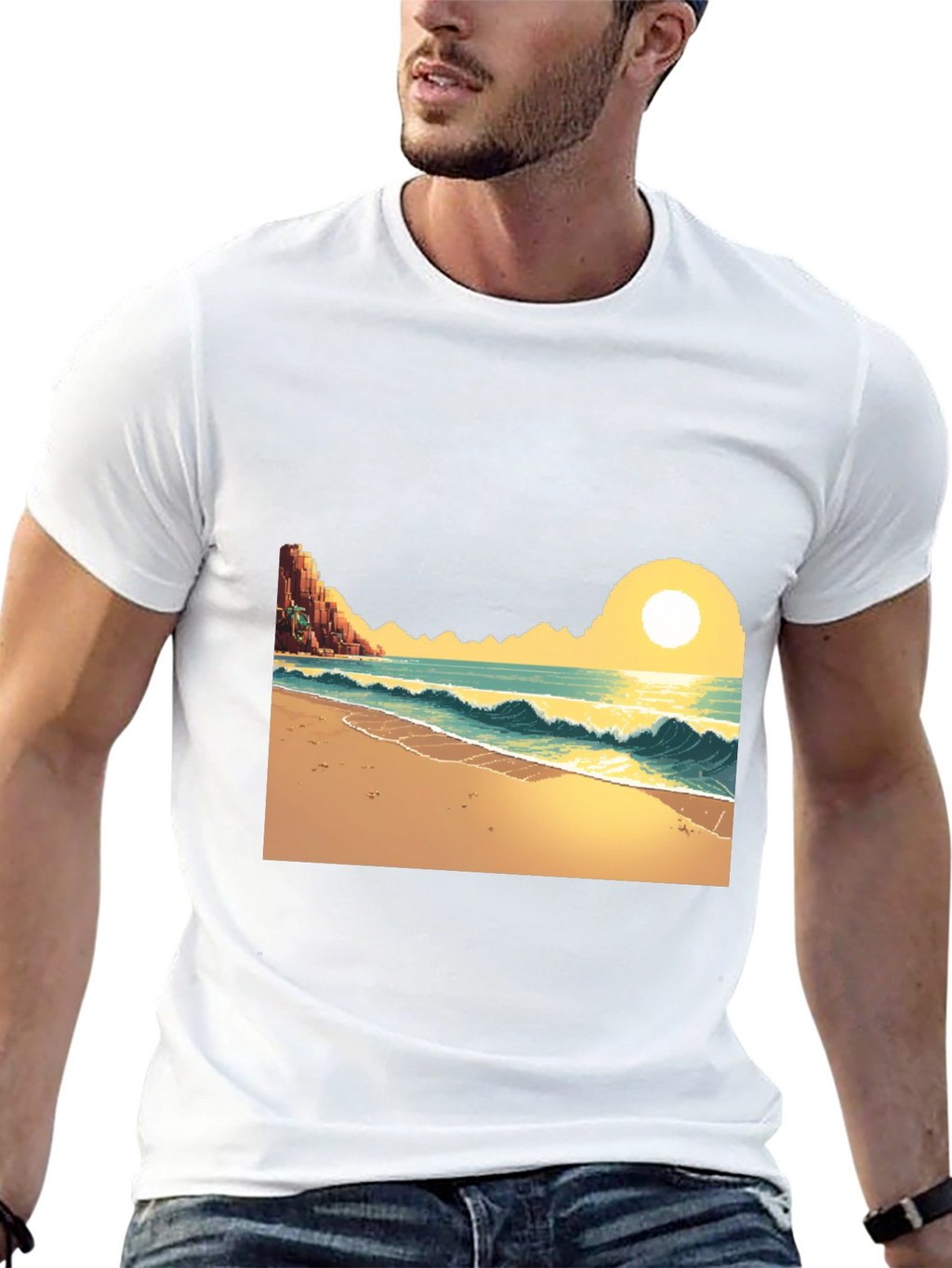 Pixel Art Beach Black T-Shirt