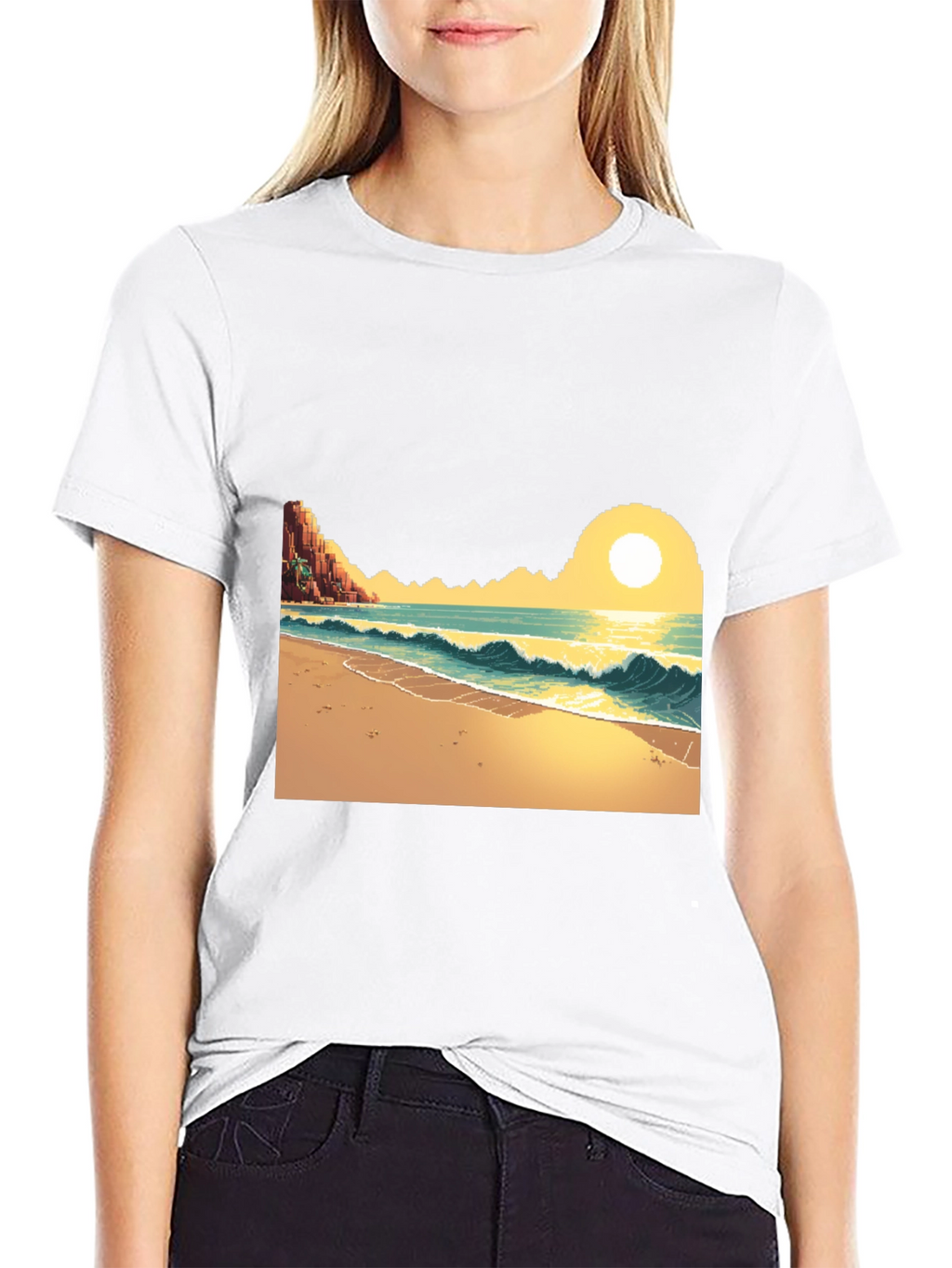 Pixel Art Beach Black T-Shirt