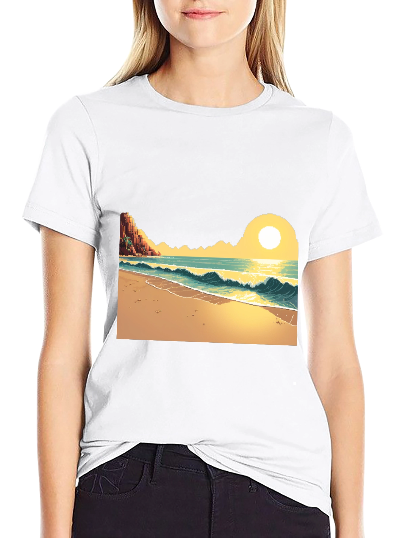 Pixel Art Beach Black T-Shirt