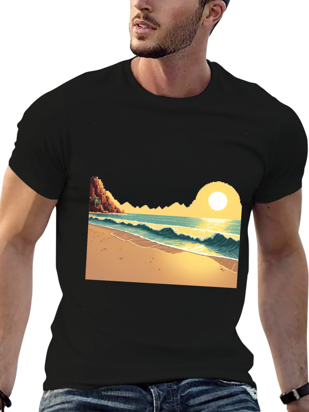 Pixel Art Beach Black T-Shirt