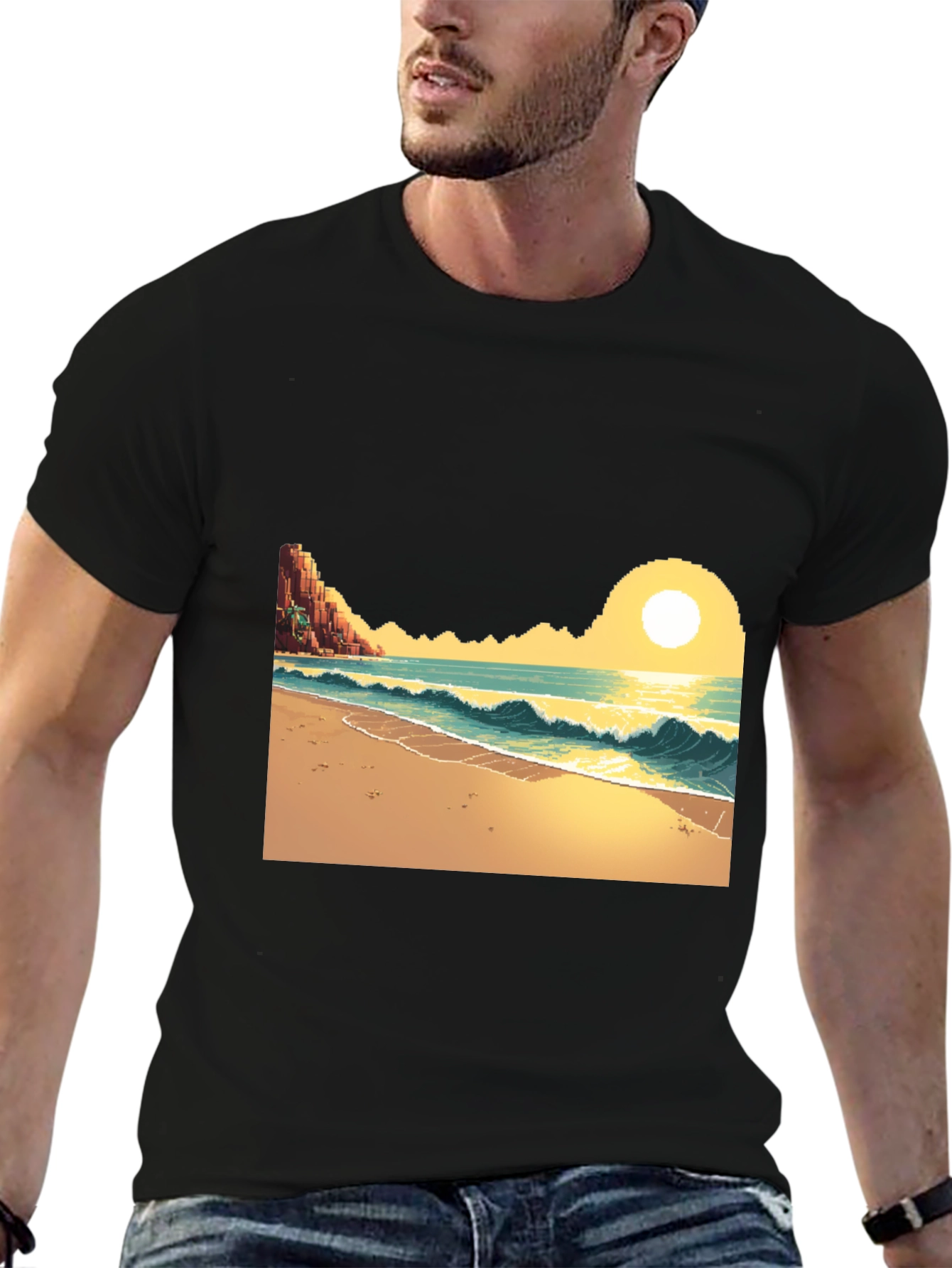 Pixel Art Beach Black T-Shirt