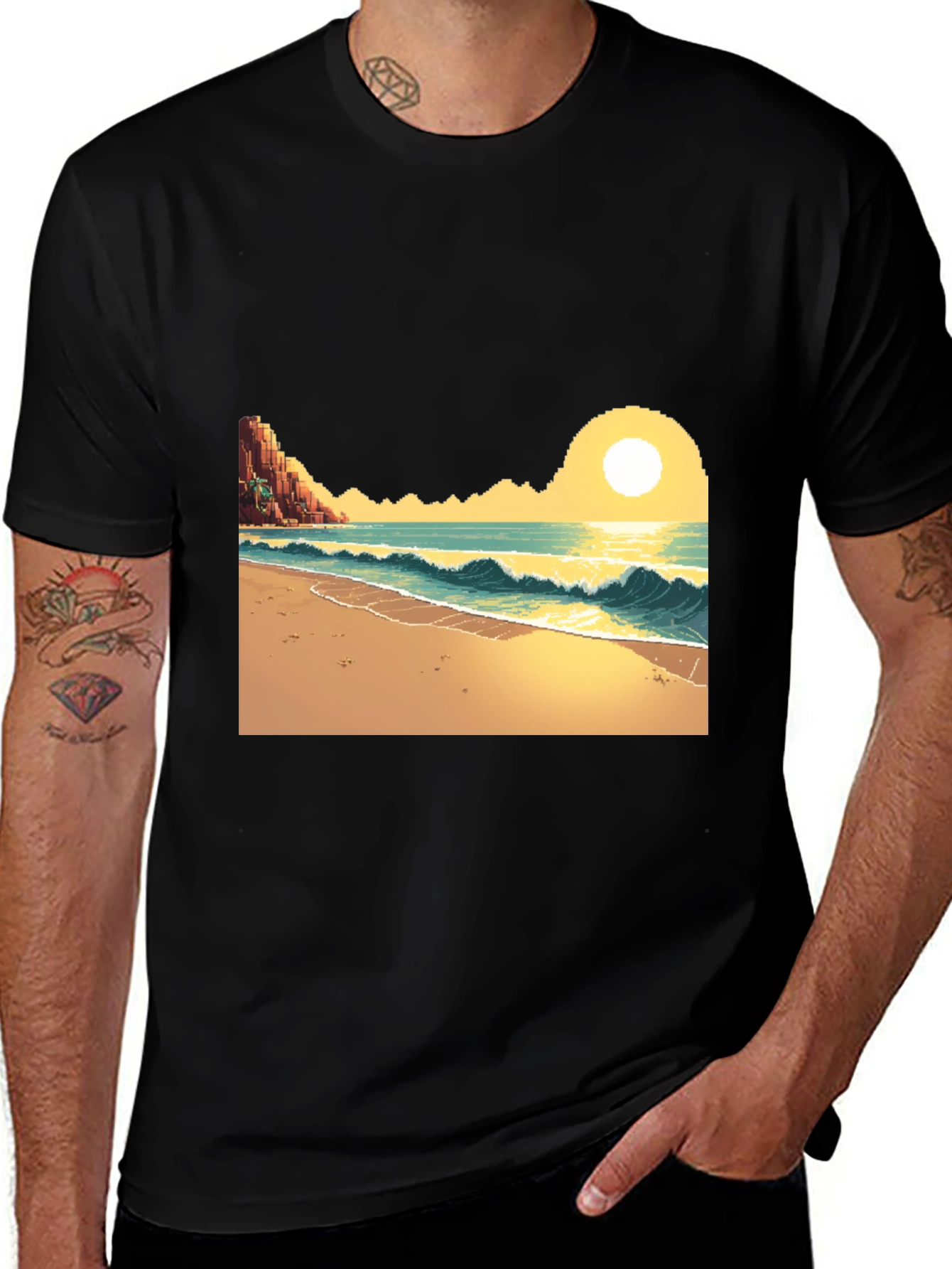 Pixel Art Beach Black T-Shirt