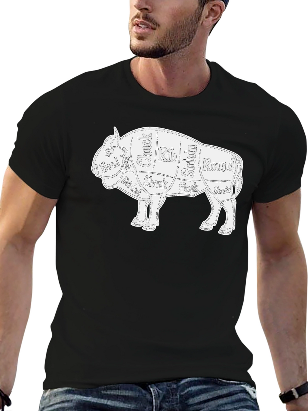 Butcher Cut Bison Graphic Tee - Novelty T-Shirt