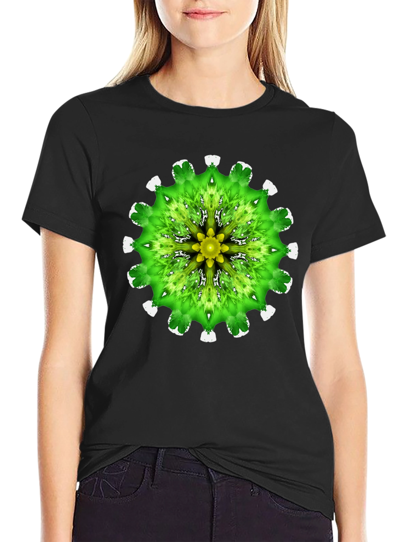 Green Mandala Graphic Black T-Shirt