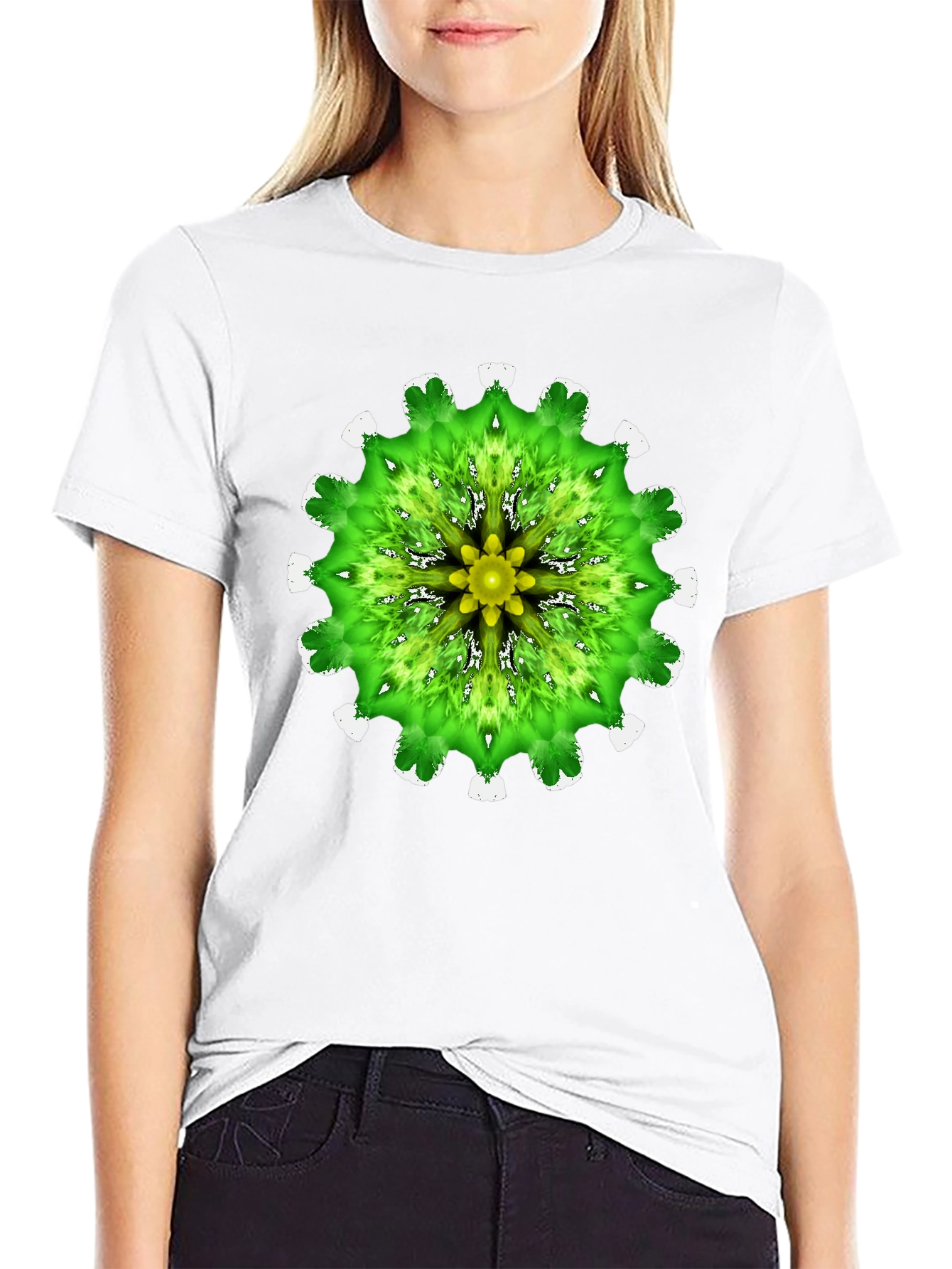 Green Mandala Graphic Black T-Shirt
