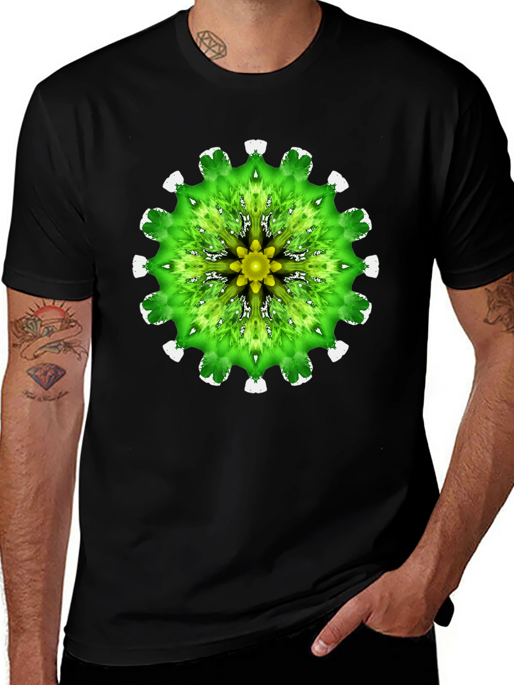 Green Mandala Graphic Black T-Shirt