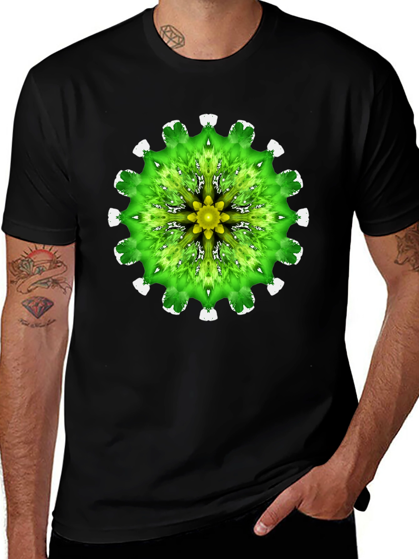 Green Mandala Graphic Black T-Shirt