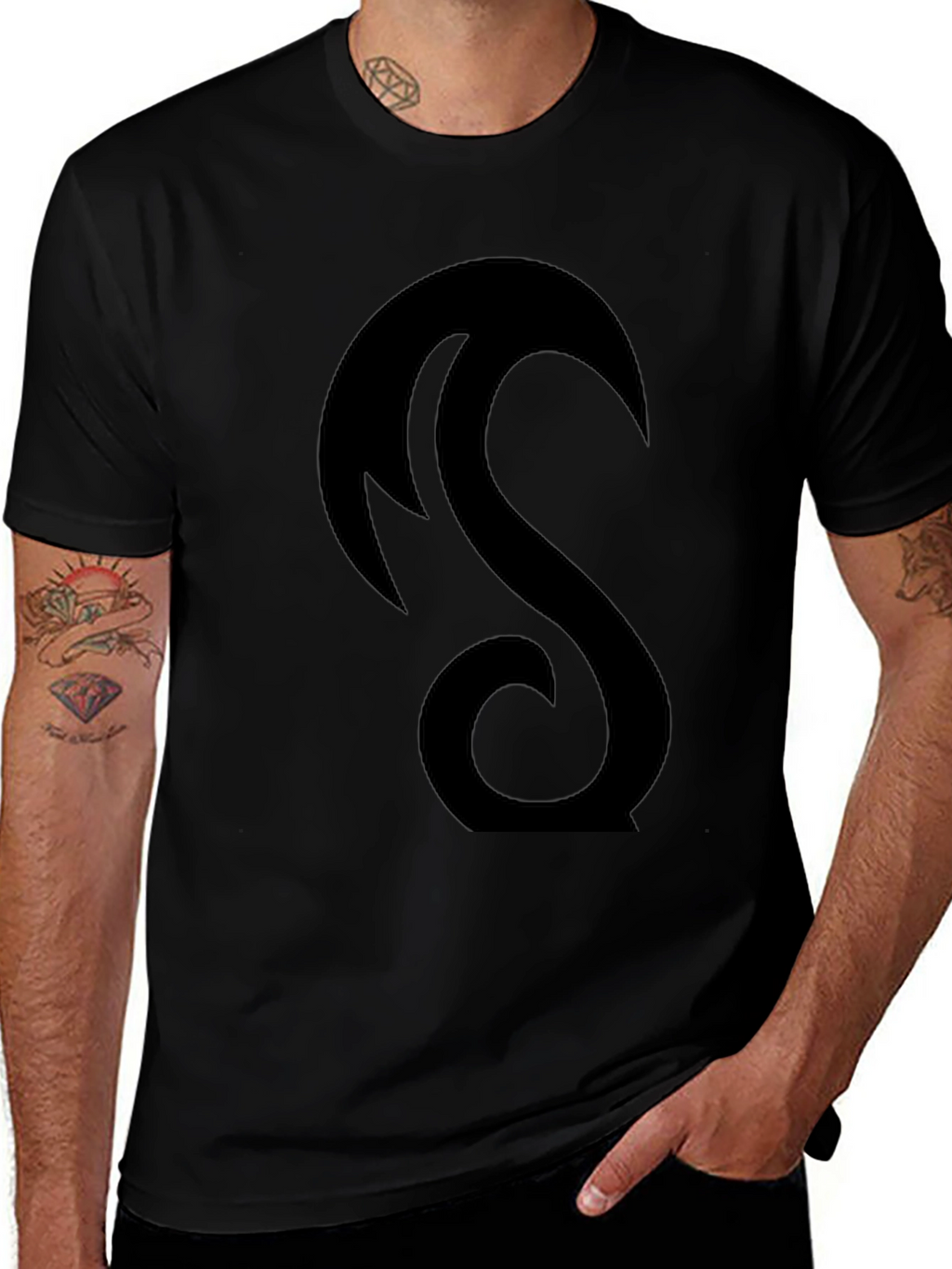 Black Tee with Abstract Crescent Design