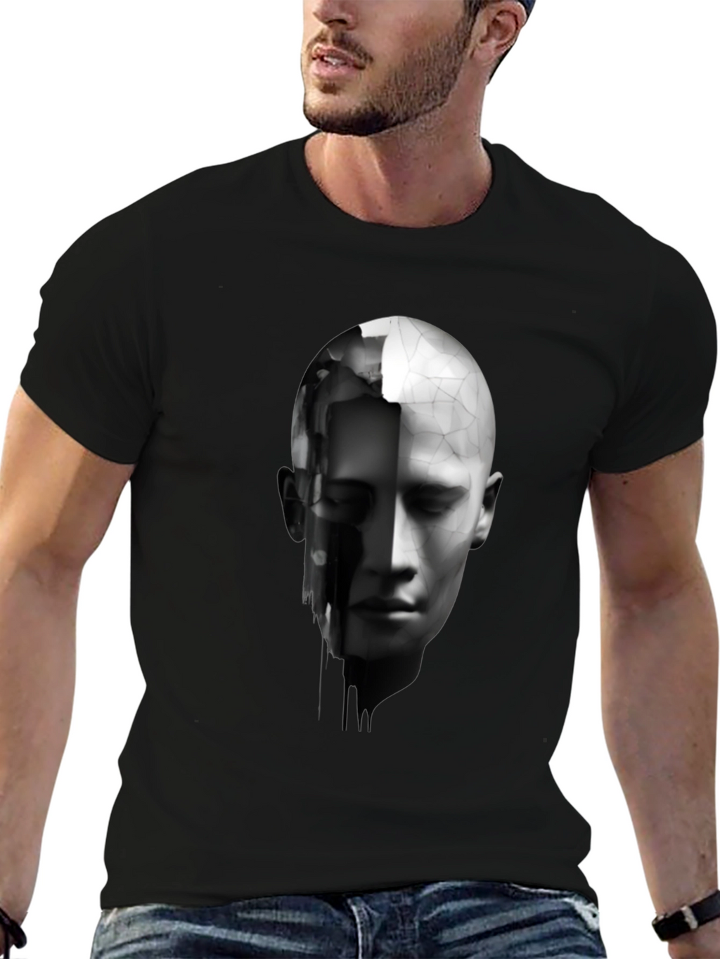 Abstract Human Face Graphic Print Black T-Shirt