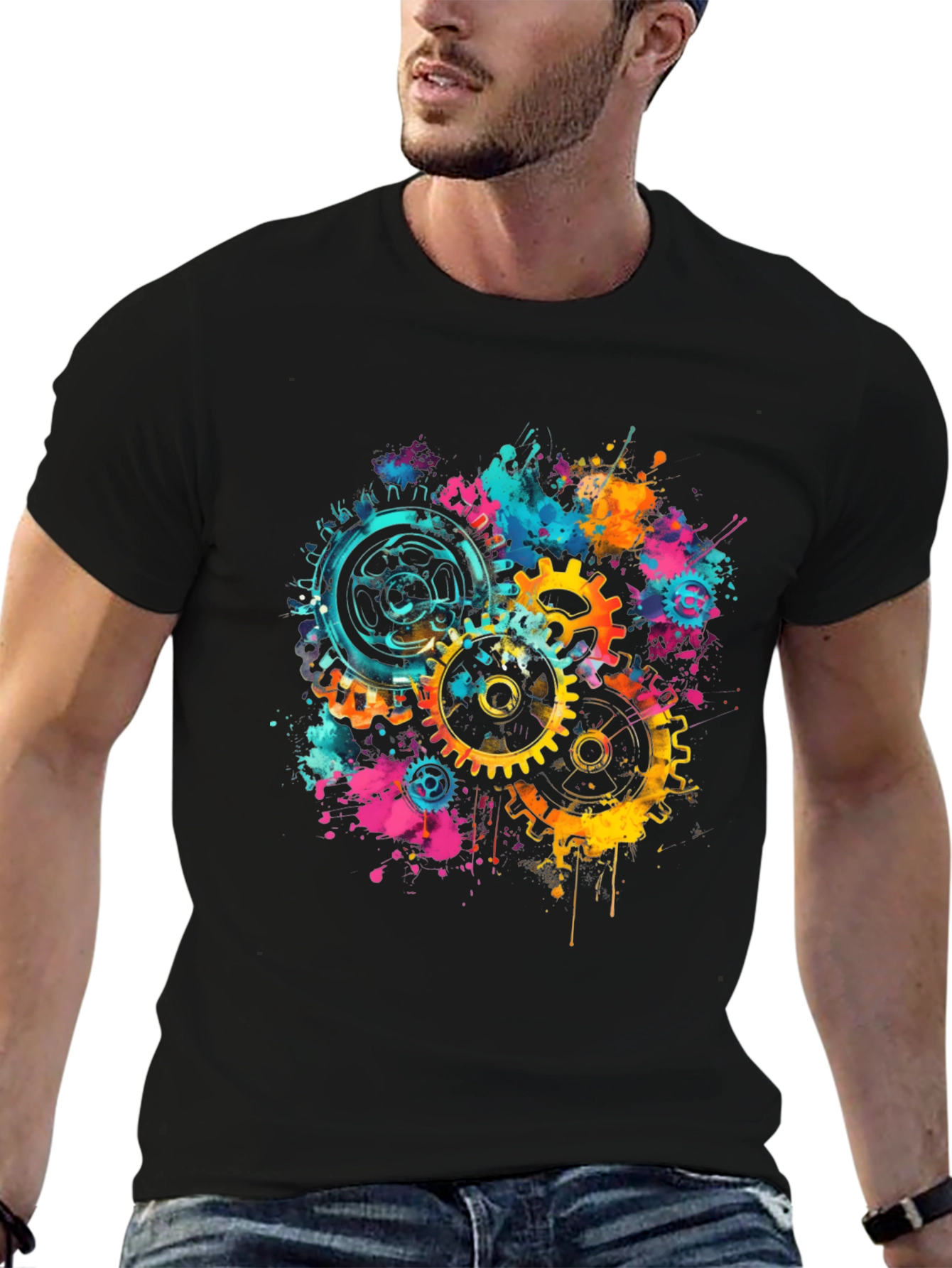 Gear Splash Black T-Shirt - Modern Artistic Design