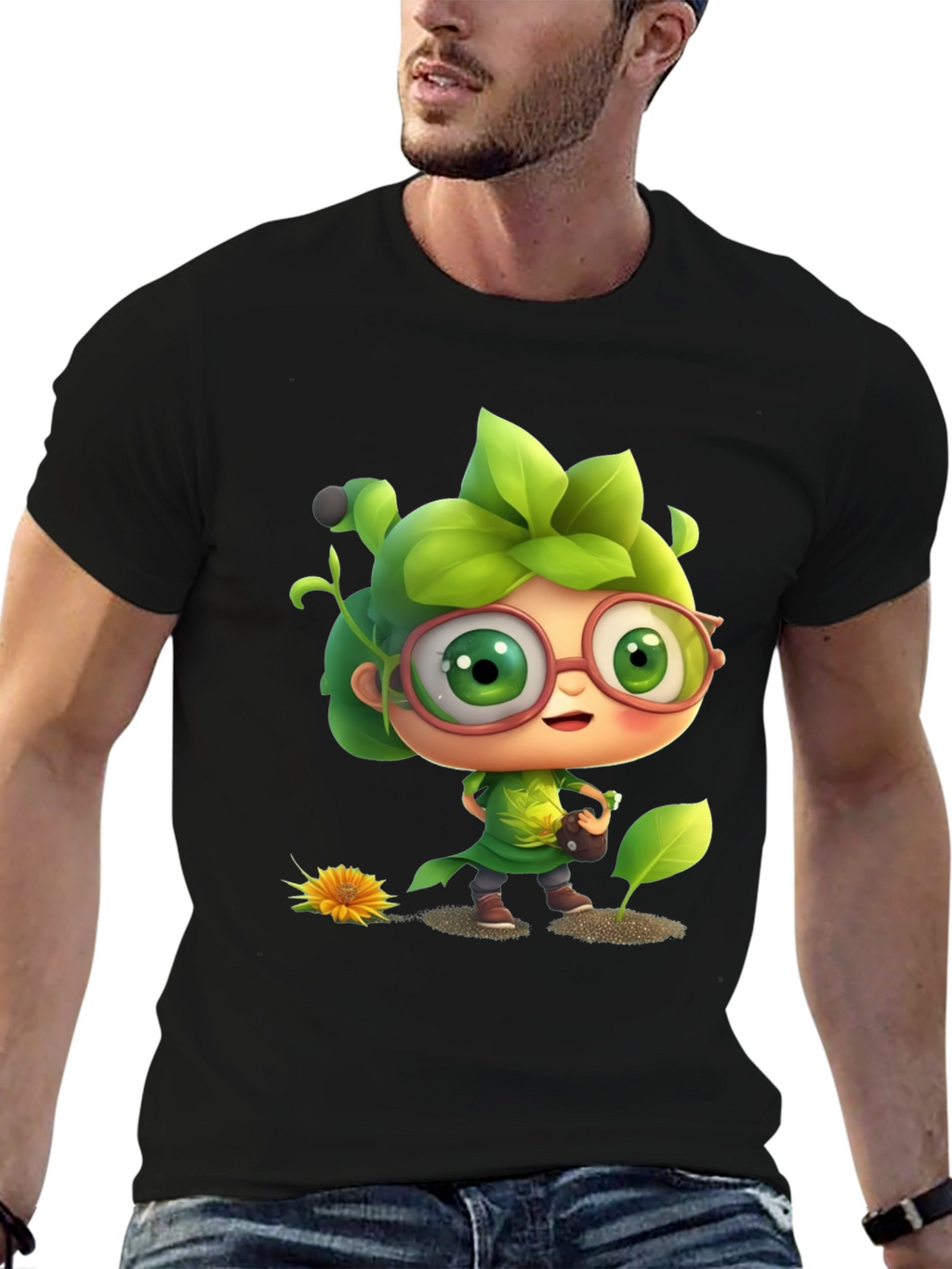 Cartoon Gardener Graphic Tee - Black Cotton Blend