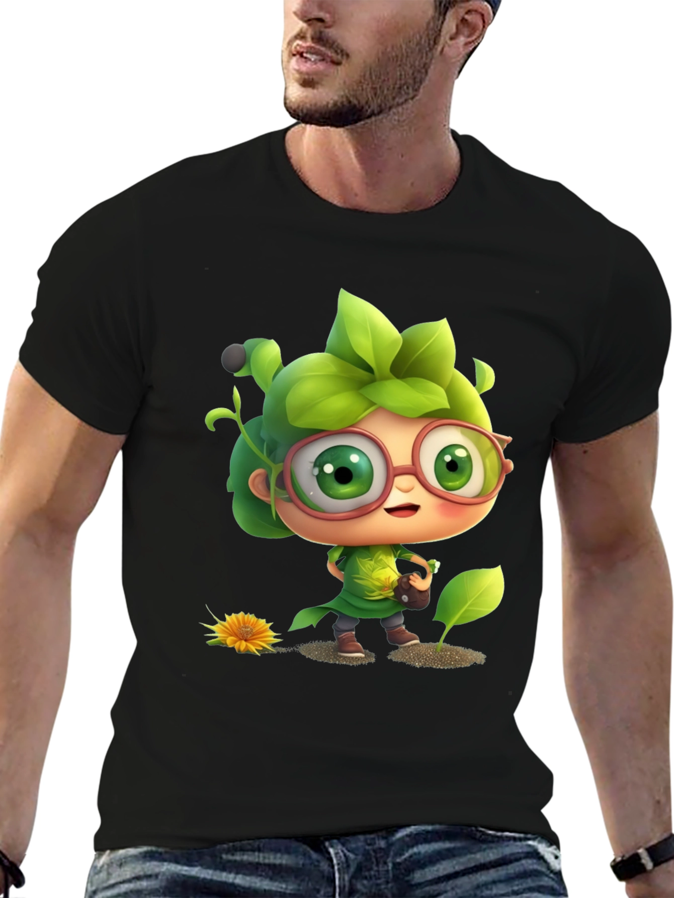 Cartoon Gardener Graphic Tee - Black Cotton Blend