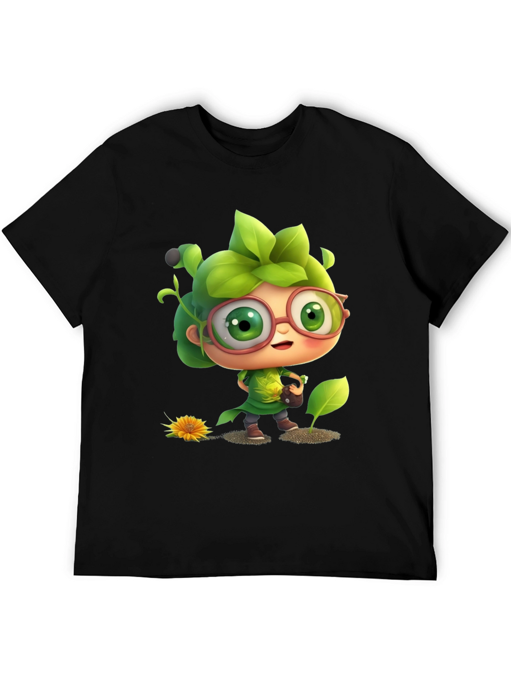 Cartoon Gardener Graphic Tee - Black Cotton Blend