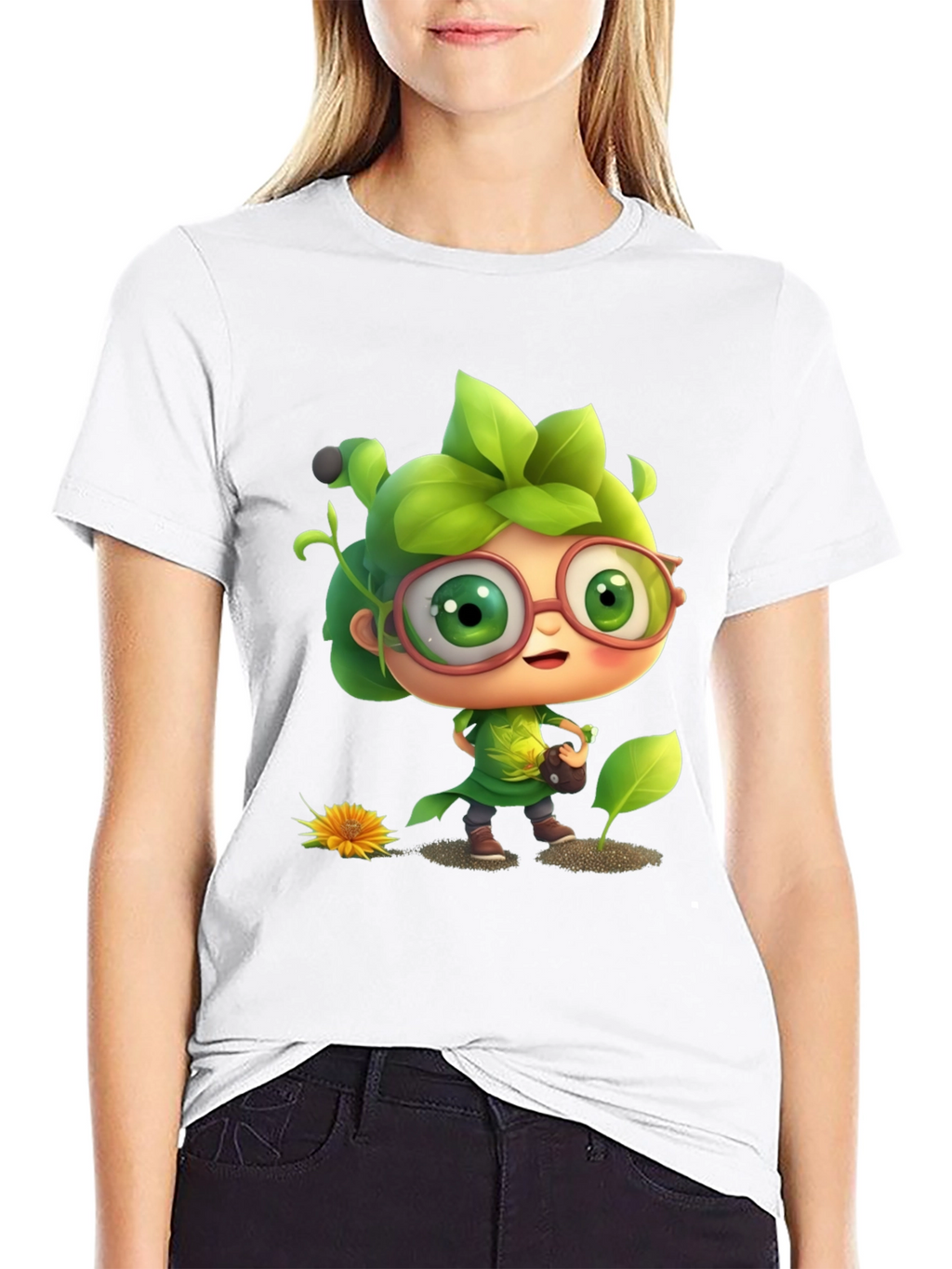Cartoon Gardener Graphic Tee - Black Cotton Blend