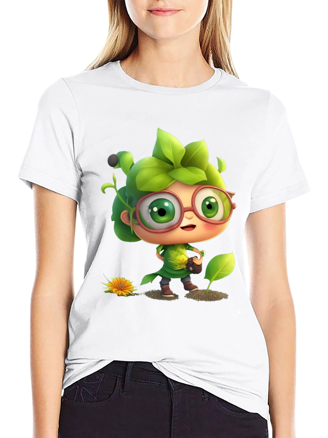 Cartoon Gardener Graphic Tee - Black Cotton Blend