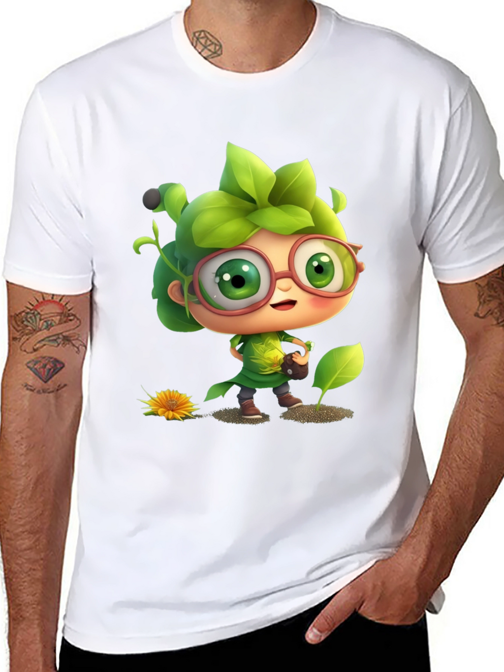 Cartoon Gardener Graphic Tee - Black Cotton Blend