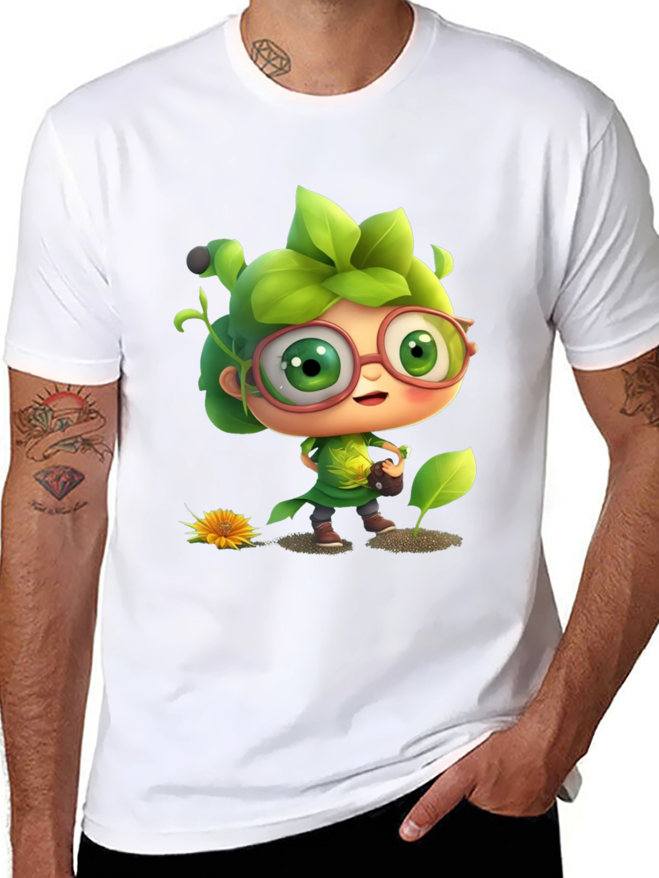 Cartoon Gardener Graphic Tee - Black Cotton Blend
