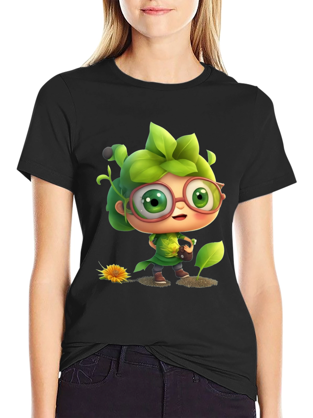 Cartoon Gardener Graphic Tee - Black Cotton Blend