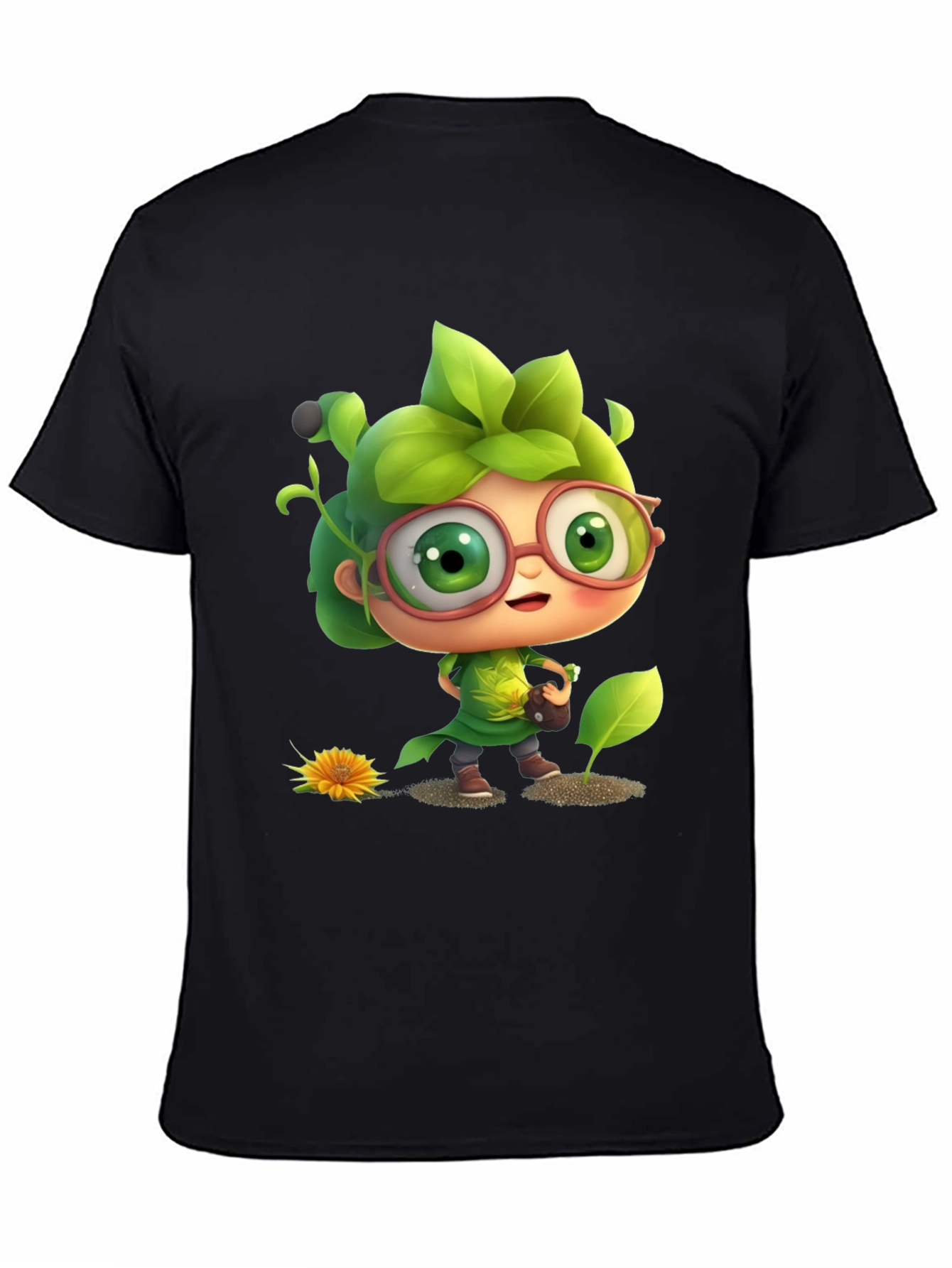 Cartoon Gardener Graphic Tee - Black Cotton Blend