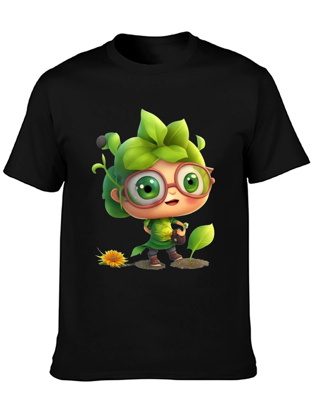 Cartoon Gardener Graphic Tee - Black Cotton Blend