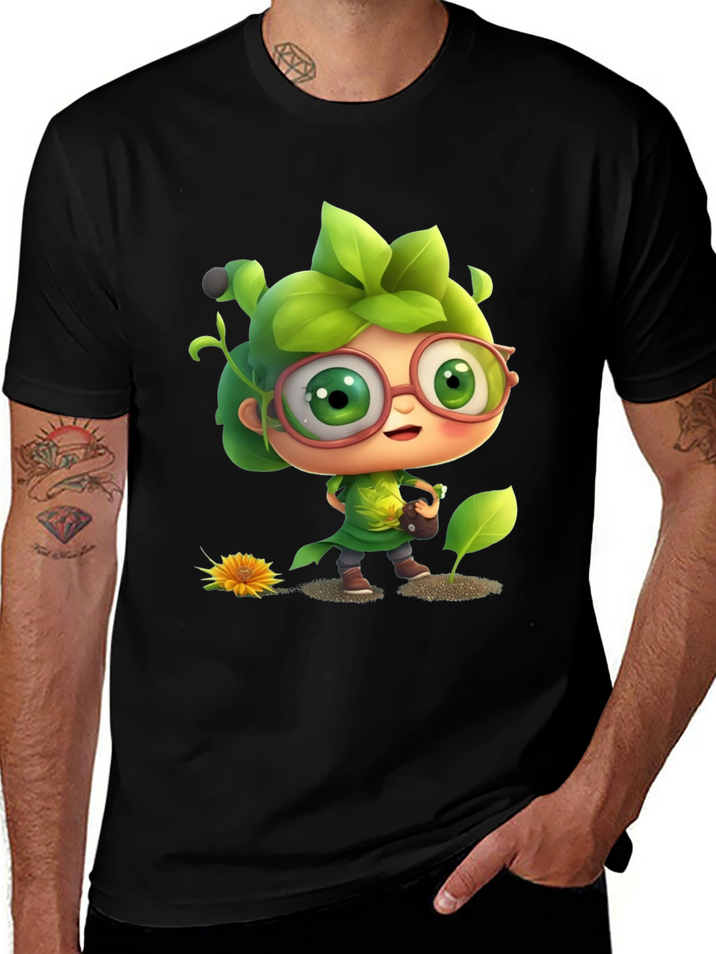 Cartoon Gardener Graphic Tee - Black Cotton Blend