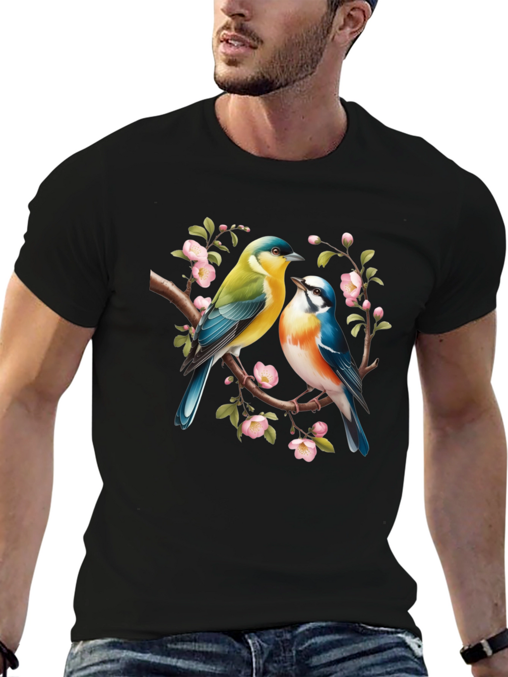 Birds On Branch Graphic T-Shirt - Black